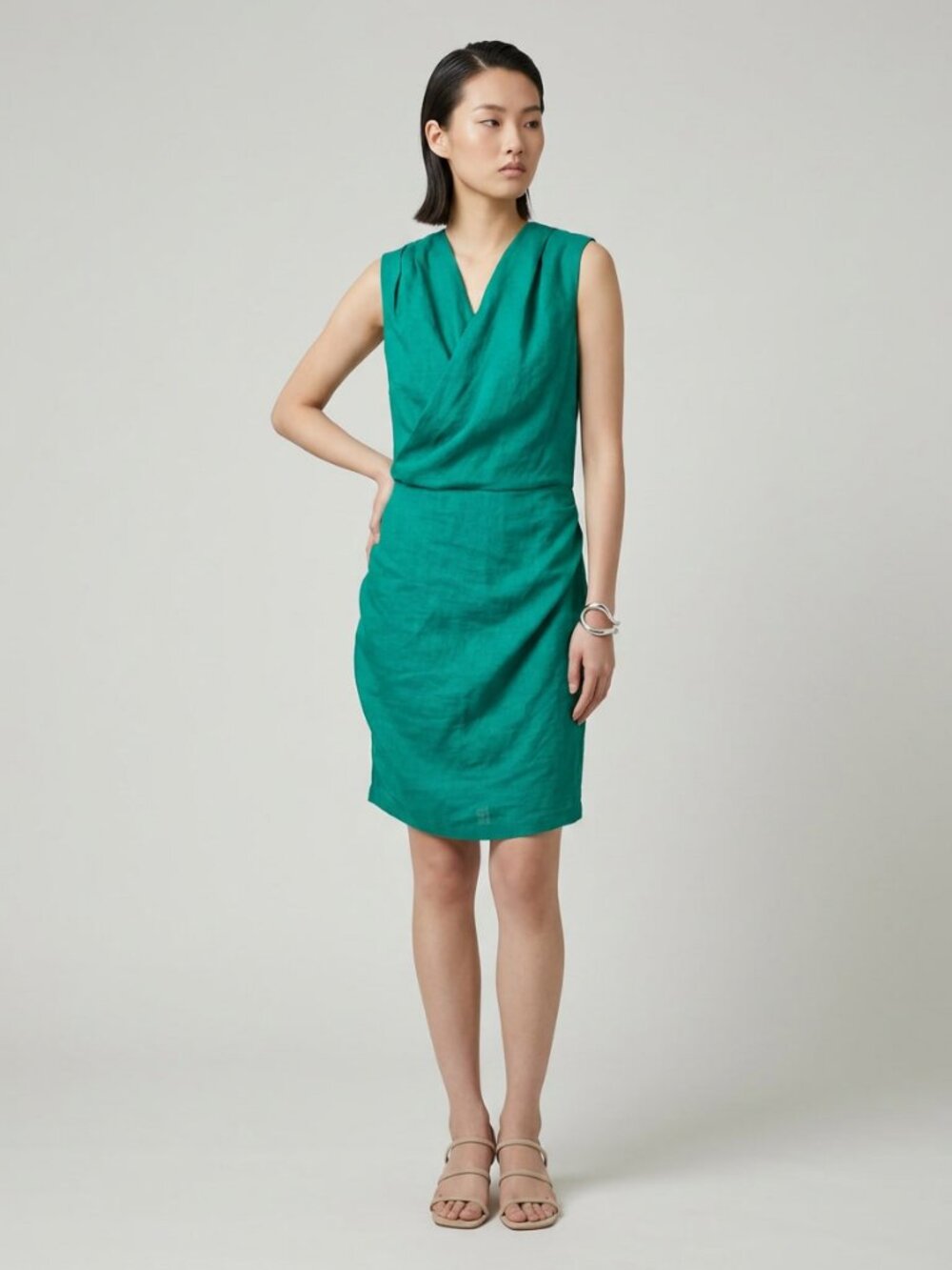 Jnby 100% Linen Modern Minimalist Draped Dress Size S Emerald Green